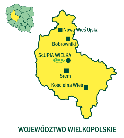Mapa wielkopolski z zaznaczonymi Zakładami Doświadczalnymi Oceny Odmian